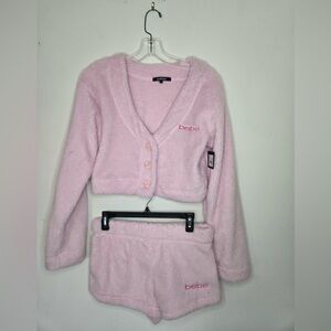 Bebe Pink Fuzzy Fleece 2-Piece Lounge Set S | Cropped Cardigan & Shorts | NWT